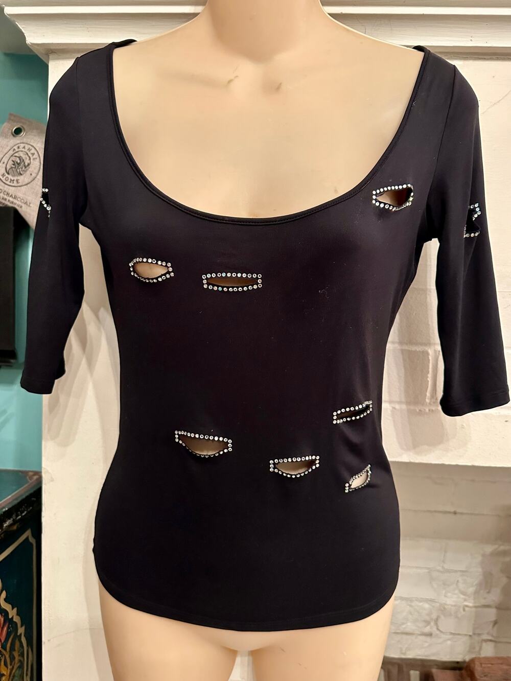VINTAGE BLUMARINE ITALY STRETCHY TOP W/ RHINESTONE CUTOUTS S